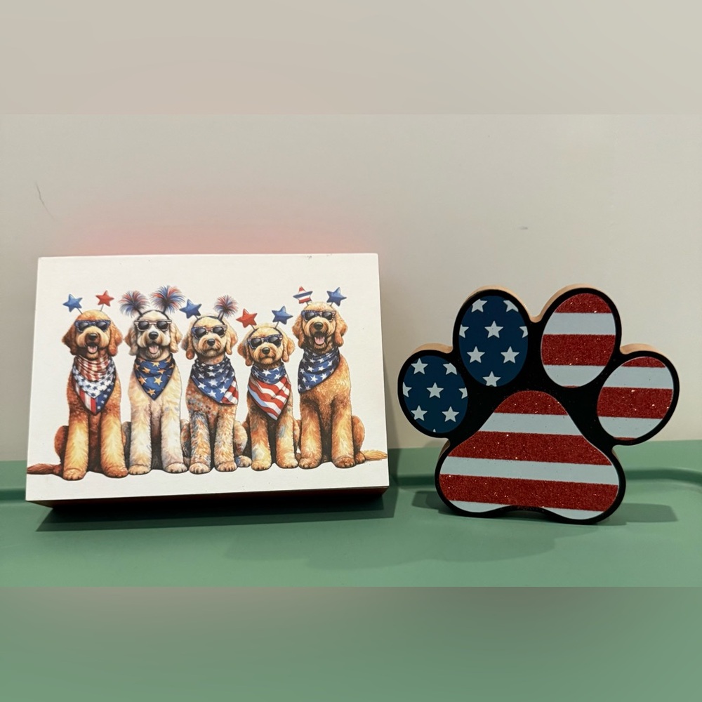 Patriotic Dogs and American Flag Paw Print Wood Decorations- Set of 2- NWT